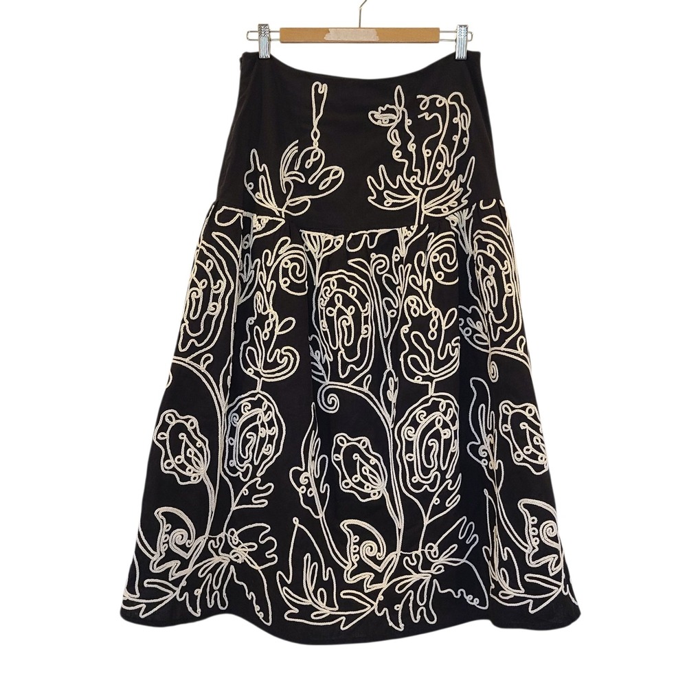 Saylor Black White Embroidered Midi Skirt Medium Euro 40 Boho Artsy Statement